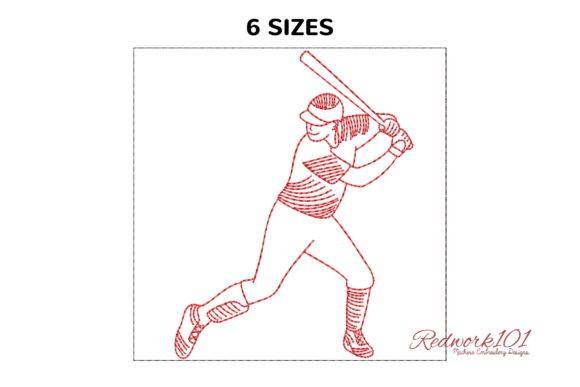 Basball Player Swinging Redwork for Embroidery Projects