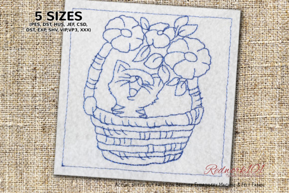 Cute Kitten in Basket Bluework for Seasonal Embroidery