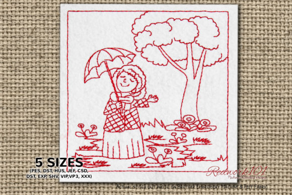 Girl Holding an Umbrella Lineart Review for Seasonal Embroidery
