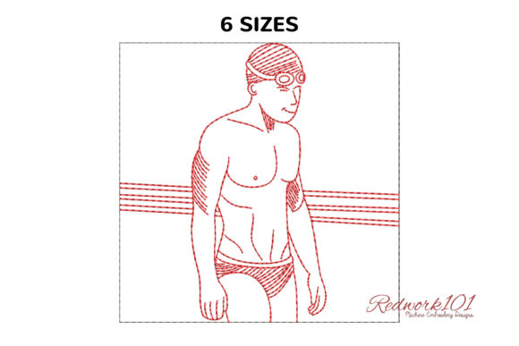 Men Professional Swimmer Redwork Review for Seasonal Embroidery